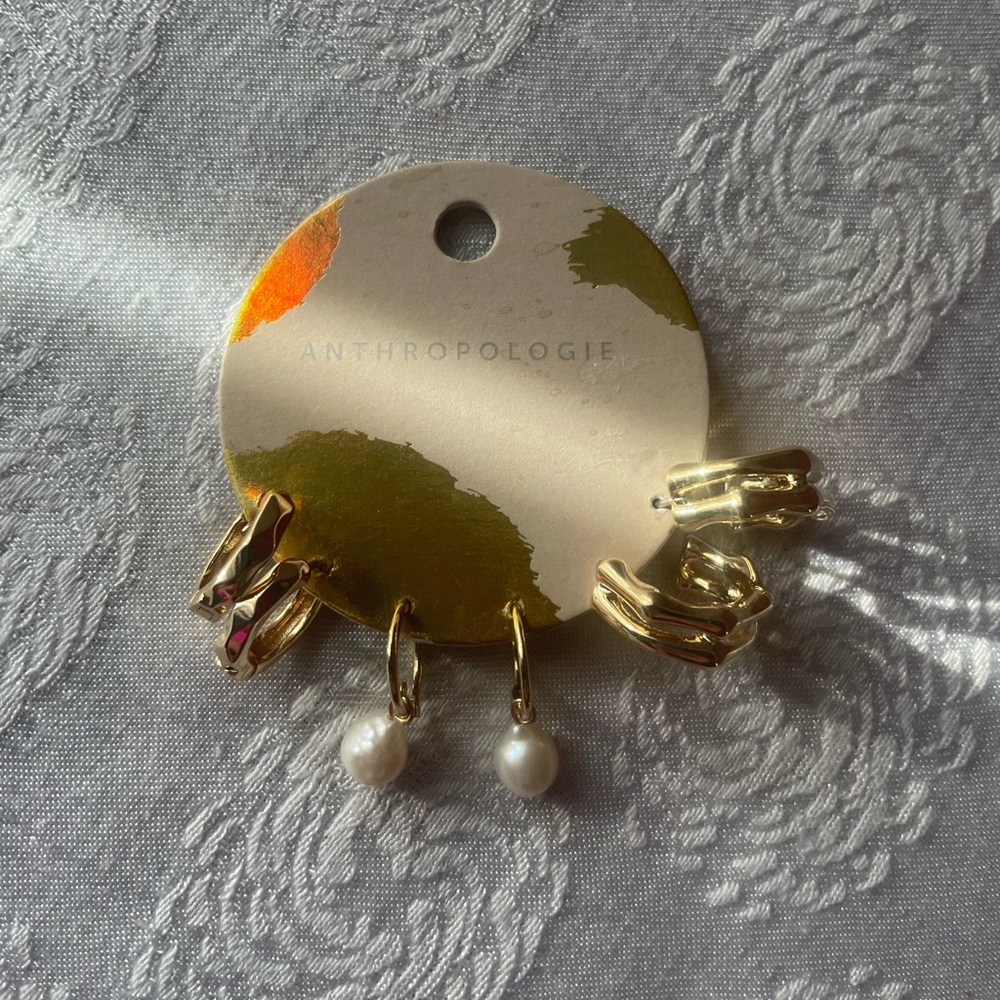 Anthropologie Gold and Pearl Hoop Earrings